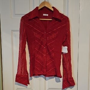 Kaelyn Max Red Sheer Embroidered Button-Up Blouse – NWT – Size M